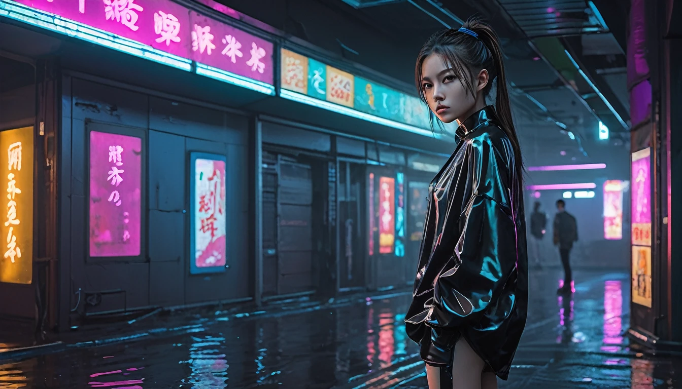 Highest quality, masterpiece, High resolution, 8k, (((She wore an oversized silk blouse and wet-look leggings.、Cute and skinny、Barely an adult, Bare Belly, wide neckline, Deep neckline, small and taut breasts, Beautiful attention to detail, Beautiful lip detail, Small closed mouth, Highly detailed face, Long ponytail, Small hips))), Cyberpunk Apartment, Gloomy atmosphere, Dramatic and random neon colors, Futuristic Setting, Intricate details, At night, Backlight, Full Body Shot, A view from afar 