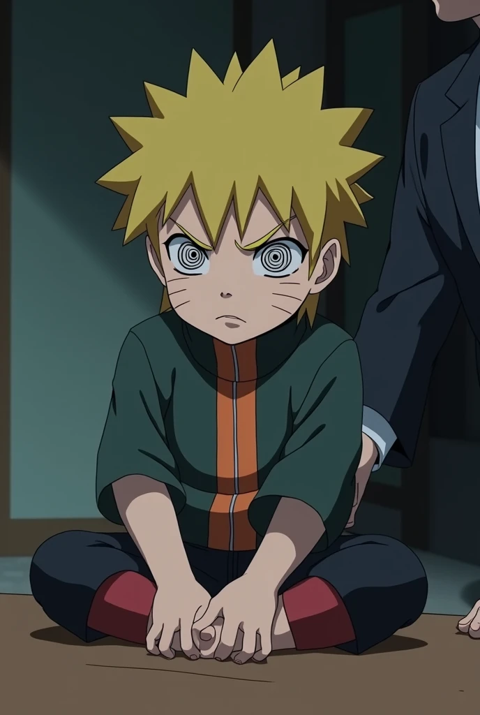 An animation with Naruto as a child. The scene is hypnotic. Naruto hypnotized to show his bare feet. Naruto sitting at a table. Naruto has spirals in his eyes due to hypnosis. Naruto sitting on a table with his feet in the hands of the hypnotist. The hypnotist in front of the table next to Naruto's feet. The hypnotist holding Naruto's ankles. Naruto at the hypnotist's disposal. Naruto in a deep sleep by hypnosis. Let the hypnotist be a random person. The hypnotist should be shown licking Naruto's feet in front of the table. Naruto totally under the control of the hypnotist. Naruto sleepy from hypnosis. The hypnotist with Naruto's feet on his lap. Naruto doesn't care what they do with his feet.