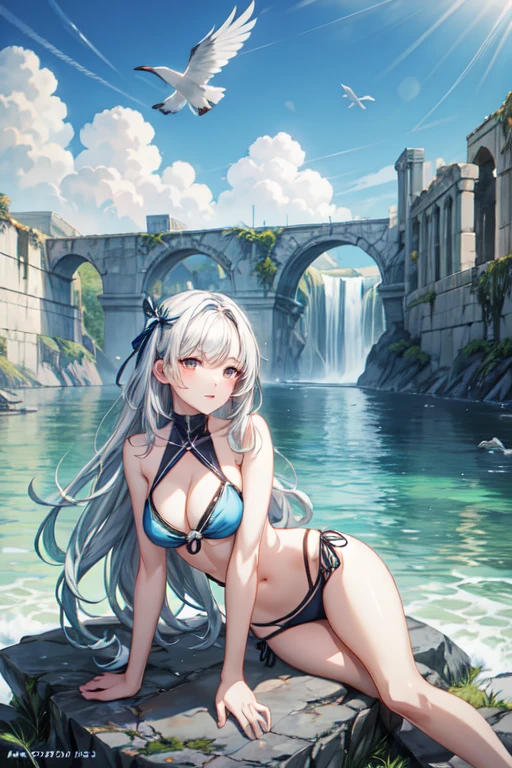 Anime girl with long white hair and colorful eyes lying down on a rock., Shy girl, Girl with white hair, 2K anime style, anime art wallpaper 4k, anime art wallpaper 2k, anime art wallpaper 2k, beautiful animated portrait, beautiful anime girl, 2k anime wallpaper, anime girl portrait, beautiful anime woman, bikini, waterfall in the background, birds flying, Not too close, ancient ruins also in the background