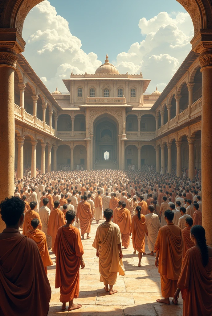 Here’s a detailed image prompt based on the story:

"Depict an ancient scene from the renowned Takshashila University in ancient India, established around the 4th century BCE. The scene should capture the essence of a bustling center of knowledge, with students from various parts of the world engaged in deep discussions and learning across 60+ subjects, including Vedas, mathematics, Ayurveda, martial arts, and political science. The image should show the grand architecture of the university, with scholars like Panini and Chanakya leading intellectual debates in the courtyards. The streets of Takshashila are lively with the exchange of knowledge, and the atmosphere is vibrant with academic activity. The image should reflect the enduring legacy and influence of Takshashila on Indian history and education."

This prompt should capture the essence of the ancient university and its significance.