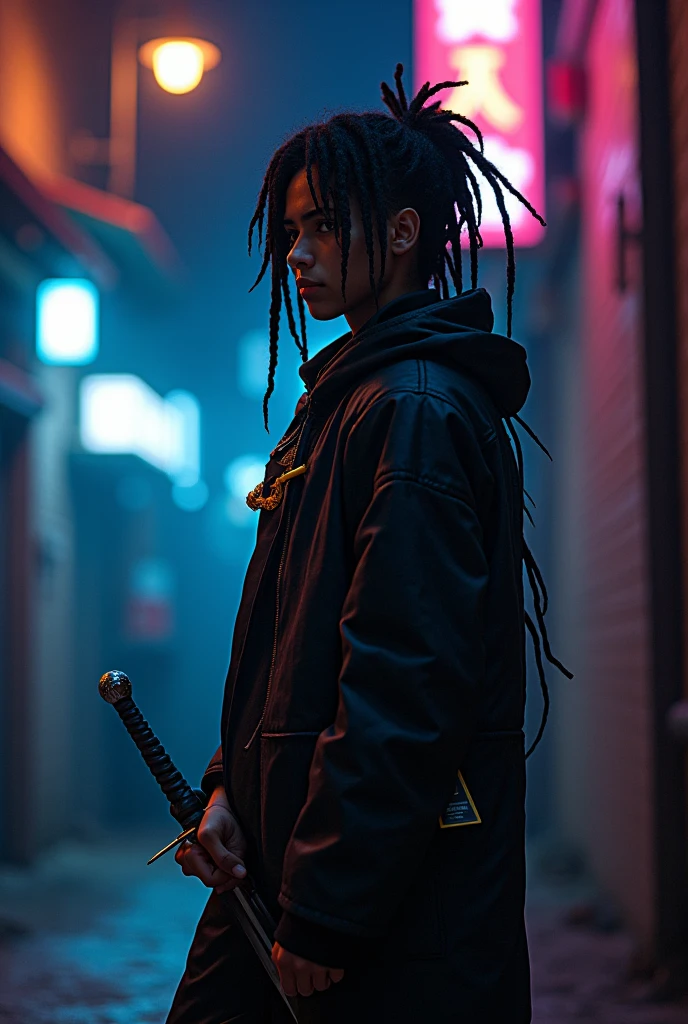 imagine Kirito, Sword Art Online, black skin, dreadlocks, standing in a dimly lit alleyway, holding Elucidator, neon light , african style 8k, juvial boy espada mais simples
Sem terno foco no olhar porem mostrando o corpo 

