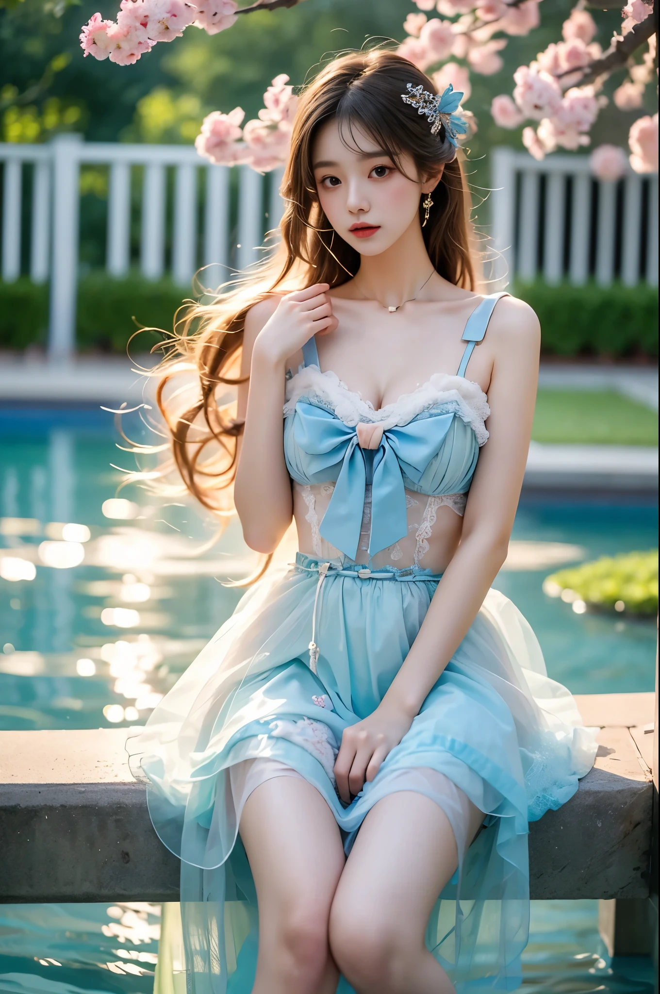 Beautiful dance, She gently lifted her skirt with one hand, Long legs , In the swimming pool, ((Flowing long hair))Official Art , Unity8k Wallpaper , Extremely detailed , Visible cleavage, Pretty and beautiful , 性感Long legs, masterpiece , best quality ,Practical, Very detailed illustrations ,Extremely detailed , Intricate details , Extremely complex and detailed , Very detailed 8KCG wallpaper , Caustics .reflection , Ray Tracing , Devil theme ,nebula ,Dark aura, Network Effects , (1 girl)solitary , 小蓝Butterfly , There are dozens of monarch butterflies around , (Blue plasma flame , (insect , Butterfly)) Pastel tones in Rococo style ,Light white and light dark red , Incredibly beautiful , Cherry blossoms , Surrealism ,painting , Ethereal , Mixing reality and fantasy elements ,Ray Tracing , Complex Mode , Exquisite lines , Perfect your hands, Starry Sky , rich and colorful , Star