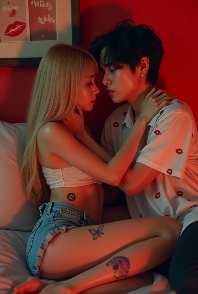 Generate me a realistic photo of an Argentine girl, with good bust blonde straight hair blue eyes with tears in her eyes, short denim shorts a crying butterfly tattoo on the legs of a boy with Korean features jungkook style with not so slanted eyes with a white shirt full of red lipstick kisses and unbuttoned pants with a lip piercing. Both full body and white skin. In a red room on a bed lying down hugging each other and in a picture hanging on the wall that says Azul and Zeth with hearts. humans