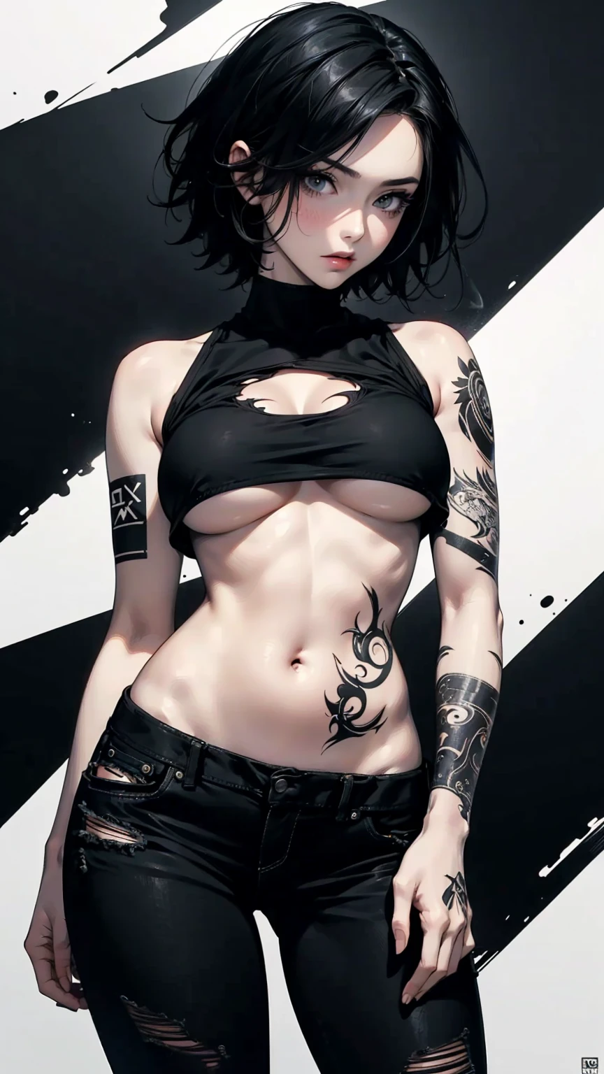 Angle from below, A woman with her hands in her pockets, Asymmetrical Short Hair, Black top and ripped skinny jeans, Perfect body, Slim waist, Big Breasts, Full body tattoos, Curvaceous, abstract design, A background of black and white smoke, Anime Style, Digital Painting, (masterpiece, High resolution, Highest quality)