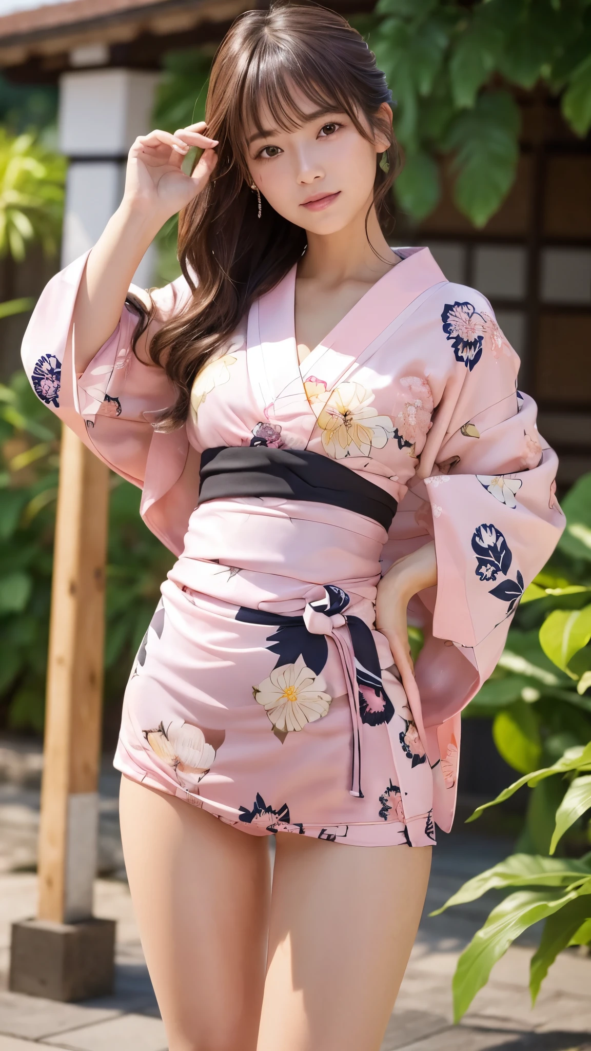 masterpiece, Highest quality,Very detailed,High resolution,(Realistic,photoRealistic:1.37),Excellent anatomy,One beautiful woman,1,Sexy Idol,(((Focus on the thighs:1.5))),(((No pants:1.6))),A small smile,(((Sexy and cute floral pattern, pink, super mini length yukata:1.5))),(((Super short pink kimono print mini skirt))),((Very delicate and beautiful)),(Background of the summer festival:1.3),Brown Hair,Long Hair,bangs, Floating Hair NovaFrog Style,Very beautiful face,Cute type,Baby Face,Big Natural Color Lip,Big and pretty eyes,Brown eyes,Obvious double,Small and cute nose,Brown eyes,Shiny highlight spots around the eyes,Character Focus,Tilt your head,The best light,Best Shadow,Mysterious perfect face,Very detailed,Soft Skin,(Glowing Skin, Sweaty:1.3)'Beautiful feet, Voluptuous thighs,Plump body,Huge breasts,(Expressing the roundness and softness of the chest),Beautiful body,(The perfect woman)