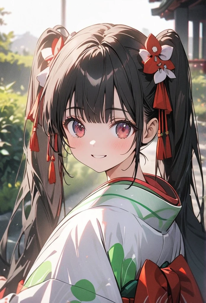 Japan Little Girls、one person、、(Shrine maiden costume)、4 heads、Shrine maiden、Digital Portrait,Black Hair、 Long hair in twin tails、Thick eyebrows, Incredible color grading, kimono,Japanese clothing,Jacket ((White Japanese clothing)),((Japanese kimono hakama))、(((Red Hakama)))、 Cinematography, art、Full body shot、smile、garden