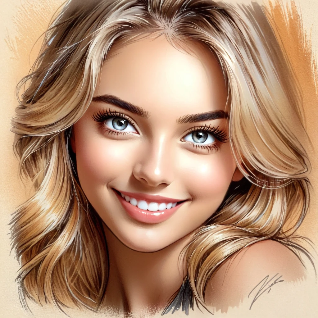 beautiful girl, blond hair, attractive, sketch, traditional media, solo, smiling, (best quality,4k,8k,highres,masterpiece:1.2),ultra-detailed,(realistic,photorealistic,photo-realistic:1.37),portrait,beautiful detailed eyes,beautiful detailed lips,extremely detailed eyes and face,longeyelashes,warm color tones,natural lighting