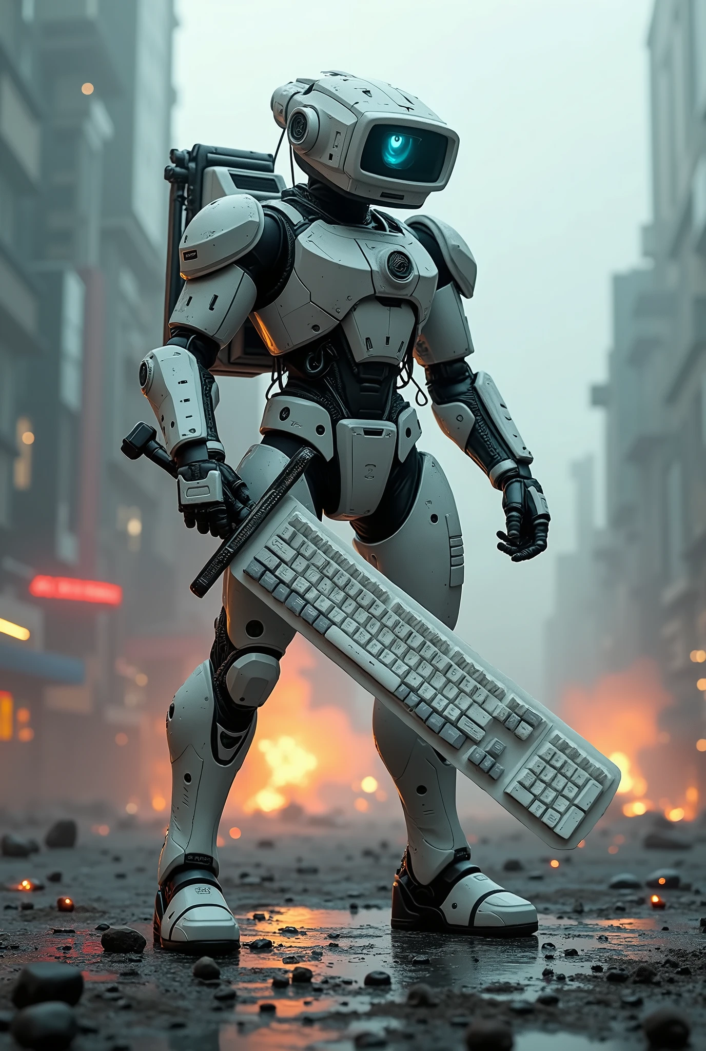 Man wear cyberpunk robocop armor suit white keyboard PC concept. Helmet like PC monitor.. Long mechanize Sword from classic white keyboard. Keyboard pad design as sword. Binoculars eyes.keyboard on chest. . Holding keyboard sword. War background. Bombing effect background. Backpack PC keyboard. Standing on the motherboard green circuit.. city motherboard background.lot of Small virus