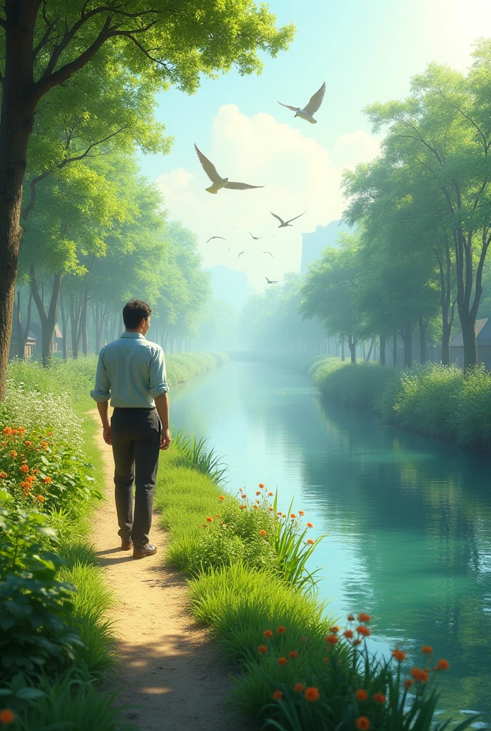 A man walking in a beautiful morning near. River ,sarounded by green plant , birds are flying