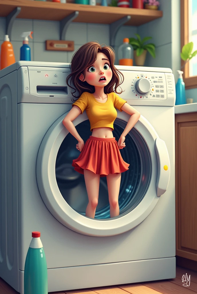 Sister caught in washing machine in miniskirt