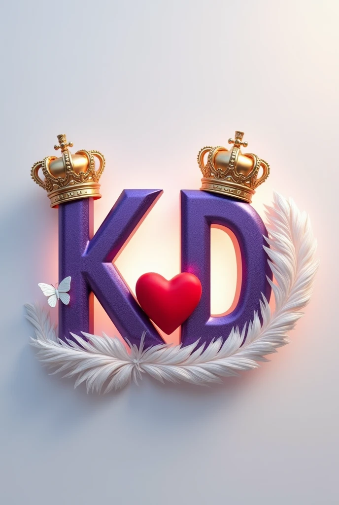 A 3d render of the two capital letters "K" and "D" in a purple and gold metallic font with golden British crowns above both letters and a white feather and butterfly, with a light shine behind the word, and a silver swirl underneath. A red heart between both letters, The background is a light gray.