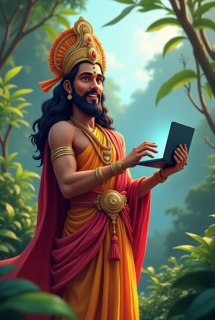 Maveli holding a computer in animated form