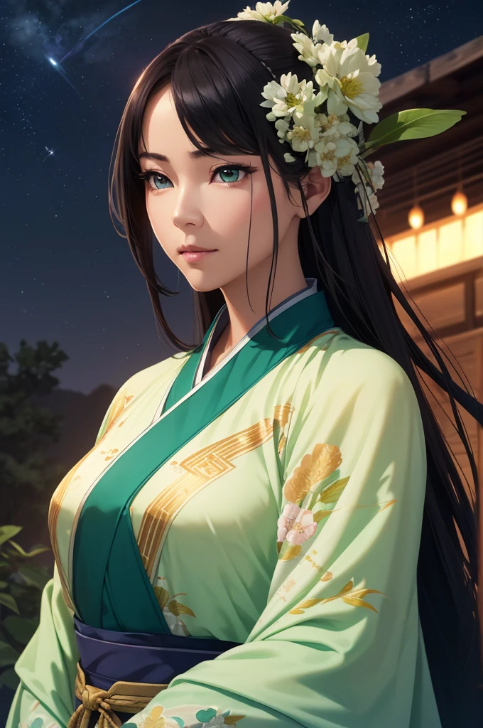 Starry sky landscape、shooting star、war (Highest quality,4K,8k,High resolution,masterpiece:1.2), Very detailed, (Realistic,Realistic,Realistic:1.3), High resolution, Hyper HD, Studio Lighting, Ultra-fine painting, Sharp focus, Physically Based Rendering, Very detailed説明, Professional, Vibrant colors, Bokeh, Sports Late Night, Ancient War Landscapes, Traditional Chinese Painting Techniques, Atmospheric lighting, Vivid color contrast, Ethereal atmosphere,Very detailed目と顔, Beautiful attention to detail, Light on the face,Hanfu 、(Hanfu: 1.1)、、(Green Eyes: 1.1)、Eyes are green、Slim figure、Small breasts、Sexy pose