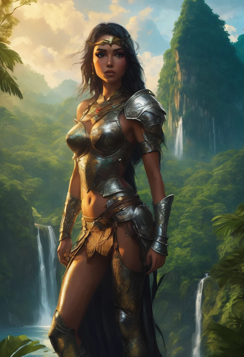 (photo realistic)(fantasy style), beautiful female amazon warrior, adorned in revealing ornate leather armor and arm guards, high tight boots, poised and dynamic, wielding a gleaming spear, standing on a cliff, vibrant rainforest jungle valley bursting with color and wildlife, waterfalls and the beauty of the amazon jungle in the background, dappled sunlight filtering through the dense foliage, high contrast lighting, thrilling ambiance, ultra-detailed, 4K quality.