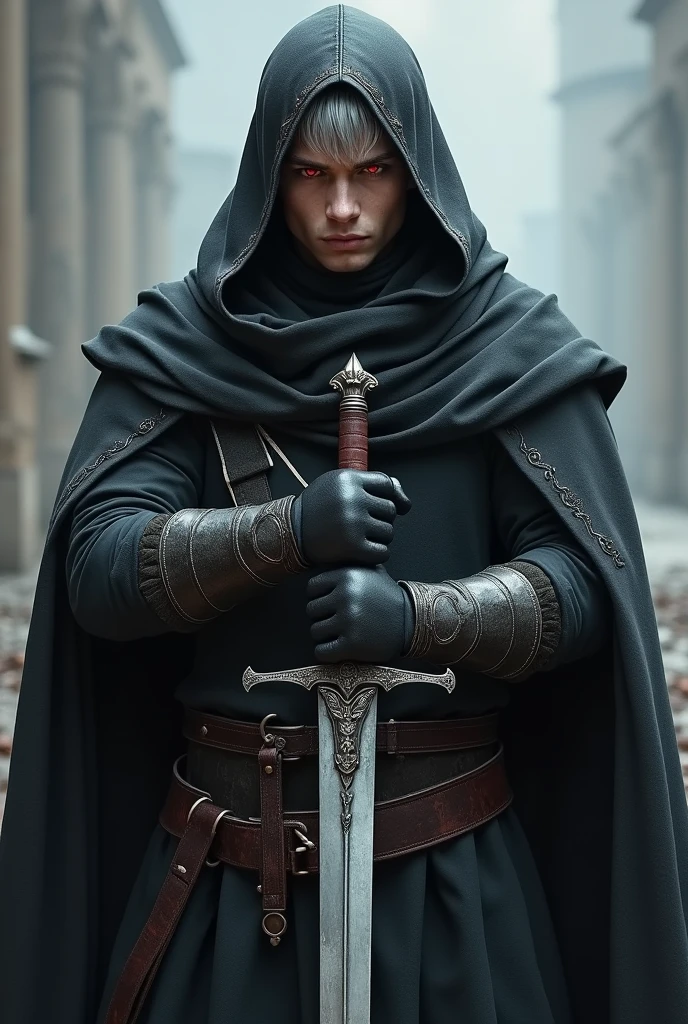 Short grey hair、Red Eyes、A fearless face、Black opaque clothing with leather hood、Wearing gloves、Holding a medieval sword、One caucasican male Swordsman、25 year、combat style