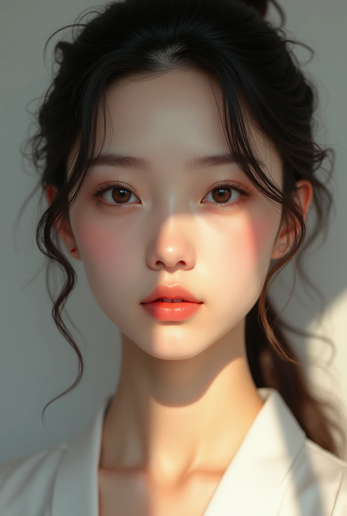 Beautiful lady with white skin and mixes of Uyghur race and Chinese. Her eyes are strikingly brown.