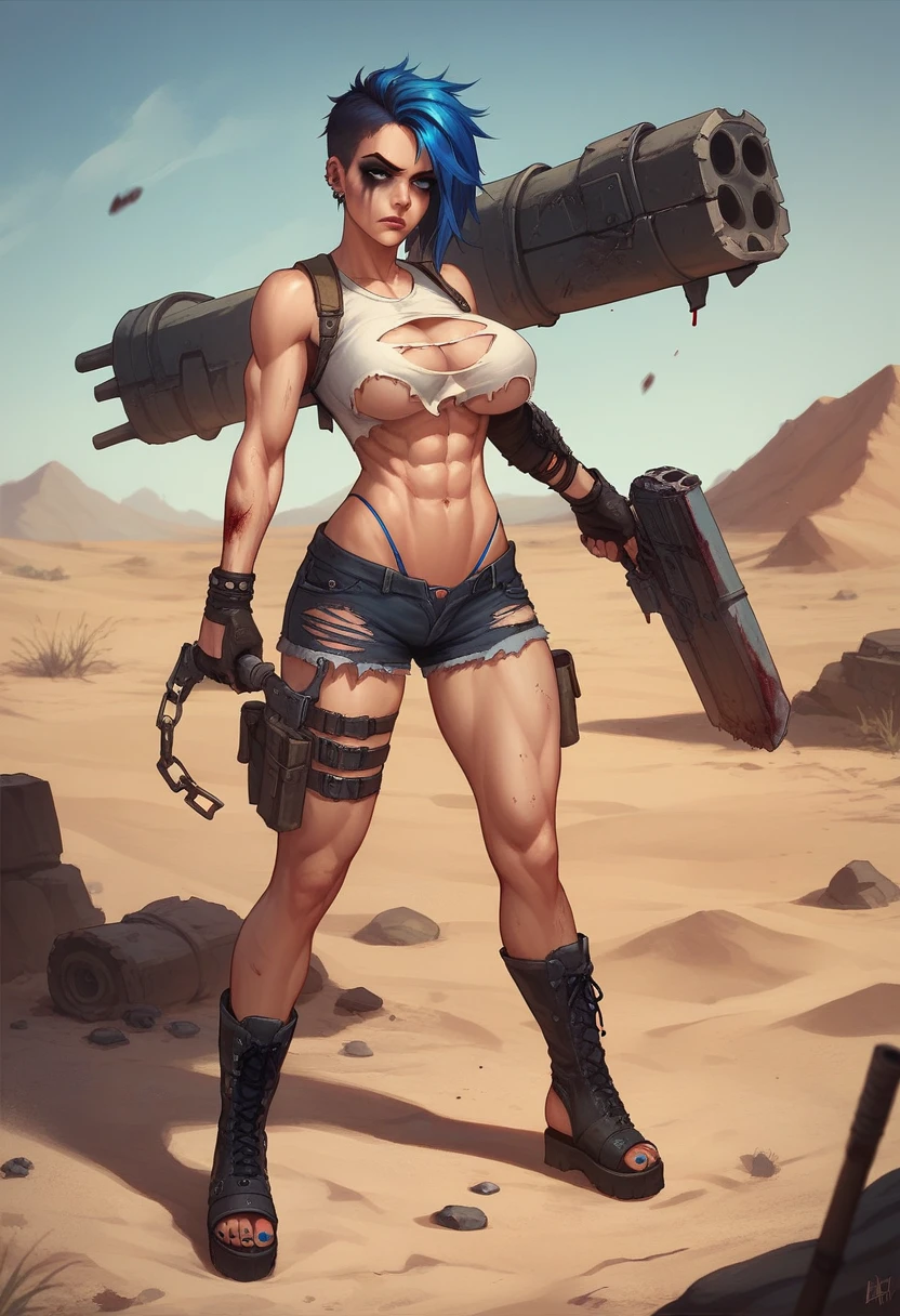 Emo girl, blue highlights, barefoot, open-toe platform boots, torn white crop-top, torn booty shorts, thong, midriff, abs, desert wasteland, weapons, large breasts, bleeding
