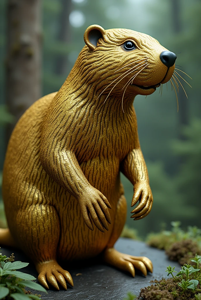 Ultra-resilient image of a golden and slightly green glittery beaver sculpture