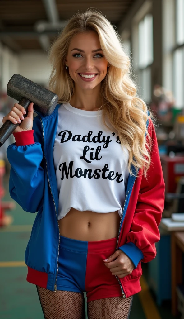 ultra realistic, photography, long blonde hair, (wavy elegant hair, blue eyes, perfect round lips, 30 years old, gorgeous face, voluptuous figure, perfect fit body, big enhanced breasts) Long eye lashes, seductive eyes, Award Winning Glamour Photograph extremely detailed award winning glamour photograph, front lit, HDR, wearing a white tee that says "Daddy's Lil Monster" in cursive, she is wearing a blue and red jacket over it, half blue and half red tight shorts, a black fishnet pantyhose underneath it, holding a big toy hammer, in a toy factory, laughing