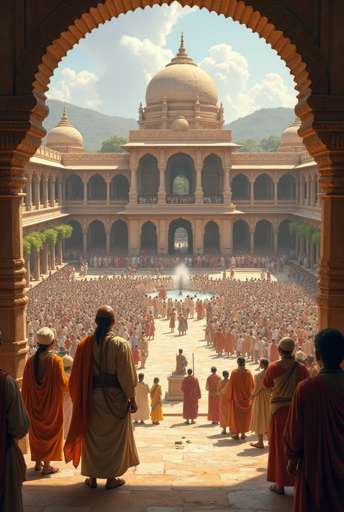 Here’s a detailed image prompt based on the story:

"Depict an ancient scene from the renowned Takshashila University in ancient India, established around the 4th century BCE. The scene should capture the essence of a bustling center of knowledge, with students from various parts of the world engaged in deep discussions and learning across 60+ subjects, including Vedas, mathematics, Ayurveda, martial arts, and political science. The image should show the grand architecture of the university, with scholars like Panini and Chanakya leading intellectual debates in the courtyards. The streets of Takshashila are lively with the exchange of knowledge, and the atmosphere is vibrant with academic activity. The image should reflect the enduring legacy and influence of Takshashila on Indian history and education."

This prompt should capture the essence of the ancient university and its significance.
