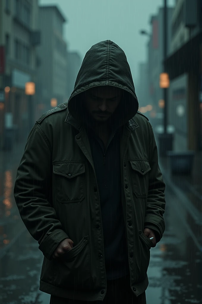 A man in rain with cigarettes with aesthetic background 
