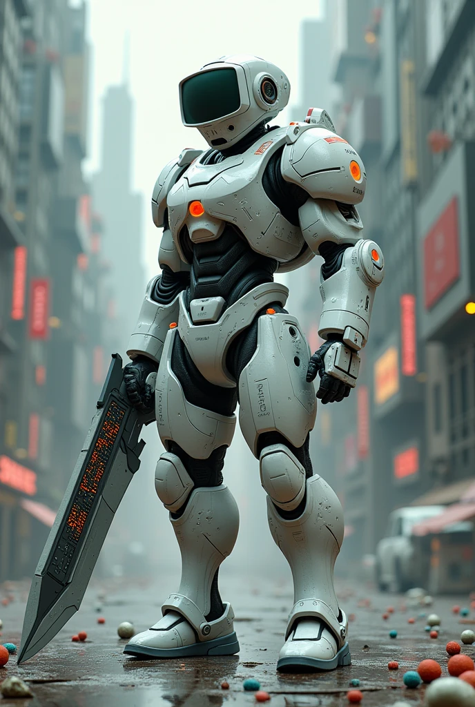 Man wear cyberpunk robocop armor suit white keyboard PC concept. Helmet like PC monitor.. Long mechanize Sword from classic white keyboard. Keyboard pad design as sword. Binoculars eyes.keyboard on chest. . Holding keyboard sword. War background. Bombing effect background. Backpack PC keyboard. Standing on the motherboard green circuit.. city motherboard background.lot of Small Bacteriophage on ground .