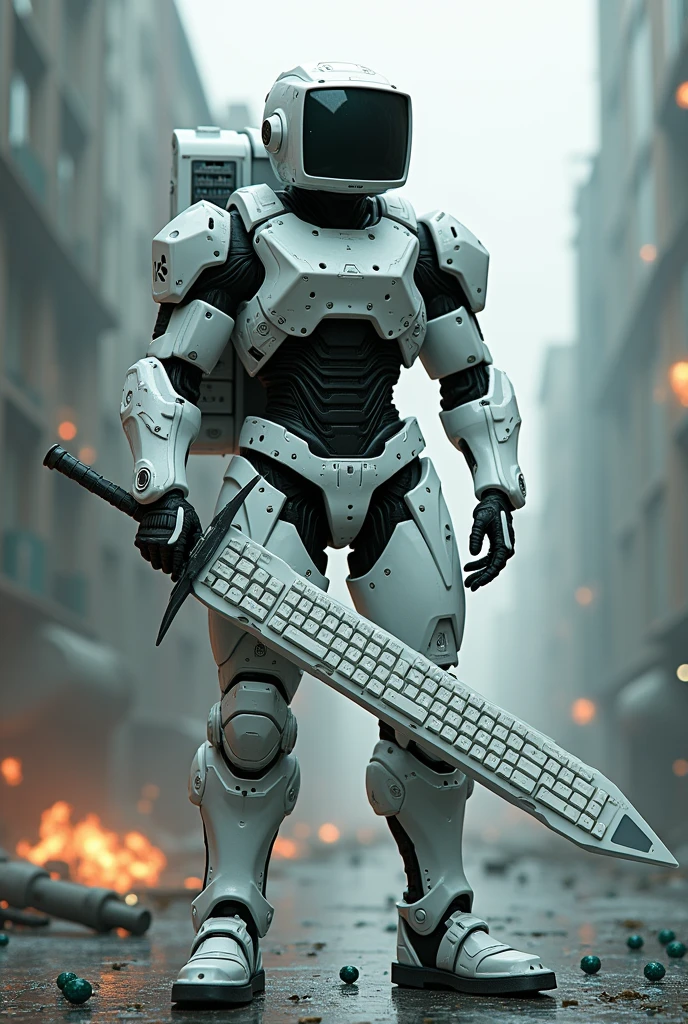 Man wear cyberpunk robocop armor suit white keyboard PC concept. Helmet like PC monitor.. Long mechanize Sword from classic white keyboard. Keyboard pad design as sword. Binoculars eyes.keyboard on chest. . Holding keyboard sword. War background. Bombing effect background. Backpack PC keyboard. Standing on the motherboard green circuit.. city motherboard background.lot of Small Bacteriophage on ground .