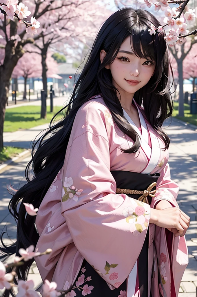 A bust-up of a beautiful woman with black hair and pink kimono smiling quietly under a row of cherry blossom trees with cherry blossom petals falling