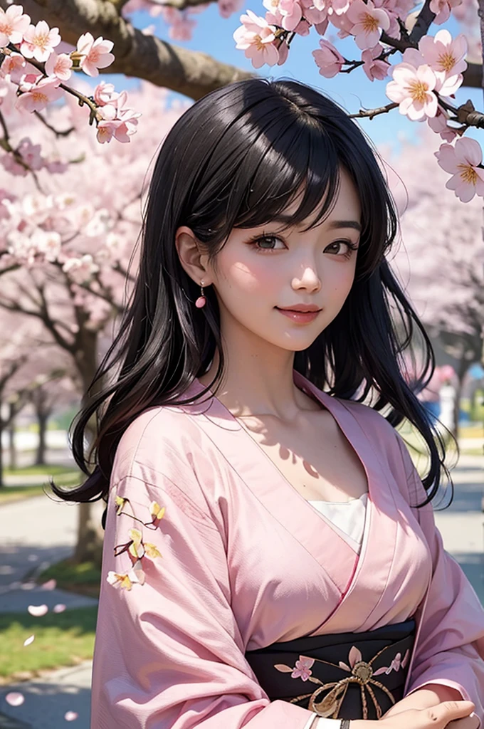 A bust-up of a beautiful woman with black hair and pink kimono smiling quietly under a row of cherry blossom trees with cherry blossom petals falling