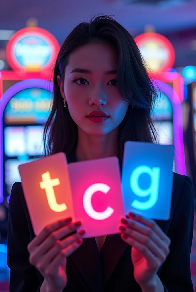 A graphic design photo in which three flash cards with T C G written on them separately. And the background should be like a casino and the background color should be blue or pink. A gril which is chines or Korean and Casino Game machine is also showing in background and Dollar currency also flying in all areas