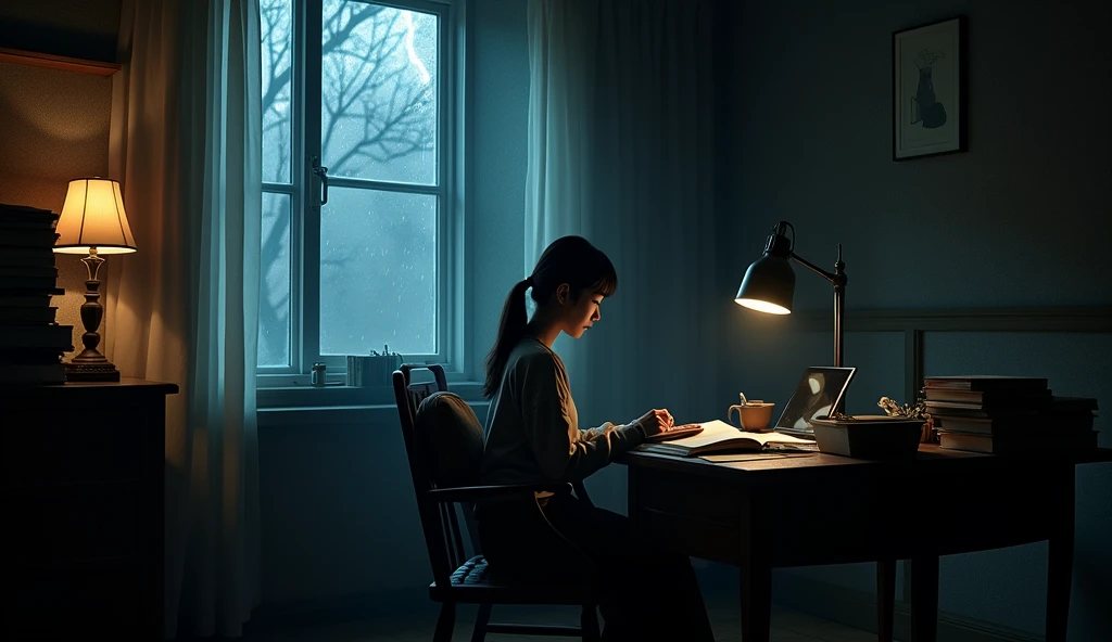 A side view photo of a young and beautiful Korean woman sitting in a comfortable chair close to her study table in an old, dark room. The woman is facing away from the camera and is studying. The room has a wooden floor and is filled with various items, including a table, a study lamp, a laptop, a mobile phone, and books kept on a table. A window in the room is illuminated by a lightning strike, revealing raindrops hitting the glass. The overall atmosphere of the photo is eerie and mysterious.