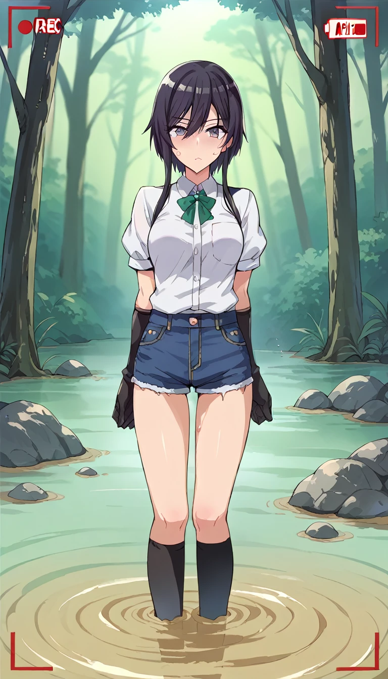 shirase sakuya,Denim shorts,Black knee-high socks,黒のThigh-high socks,White shirt with rolled up sleeves,Black thigh-length gloves,Slender and sexy woman,Black Hair,short hair,recording,Standing pained face,Thigh-high socks,Place your hands behind your back,Swamp,forest,quicksand(太ももまでfilled),Bottomless swamp,filled,