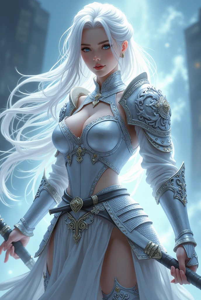 age female with white hair and light grey eyes with curvy waist and big thighs and big butt wearing sexy silver samurai armor surrounded by divine aura