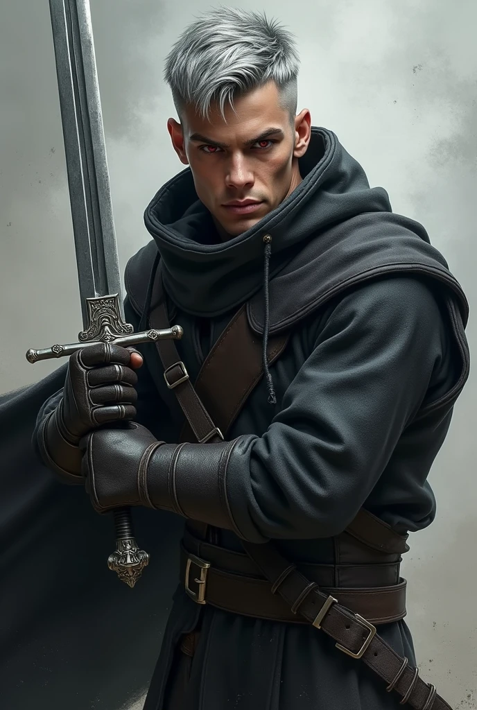 Short grey hair、Red Eyes、A fearless face、Black opaque clothing with leather hood、Wearing gloves、Holding a medieval sword、One caucasican male Swordsman、16 year、combat style
