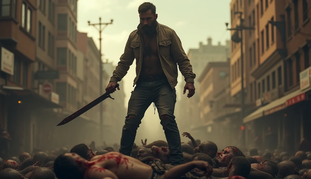 ultra reality, bearded man, a man standing on a pile of dead humans,holding a knife in both hands,bloody hands,injured, some bruises, bleeding, fighting, in a city, cinematic lighting
