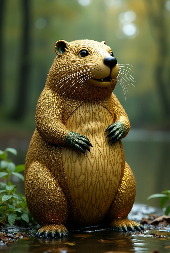 Ultra-resilient image of a golden and slightly green glittery beaver sculpture 