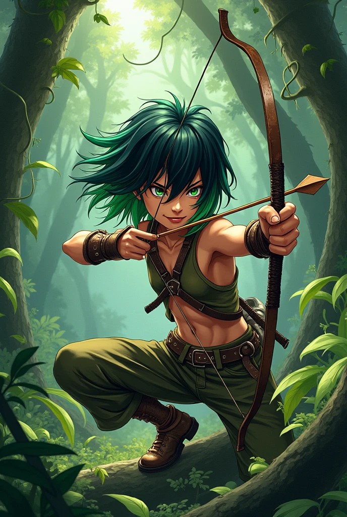 Female anime boy with short hair green and black locks of hair rough and wild jungle archer