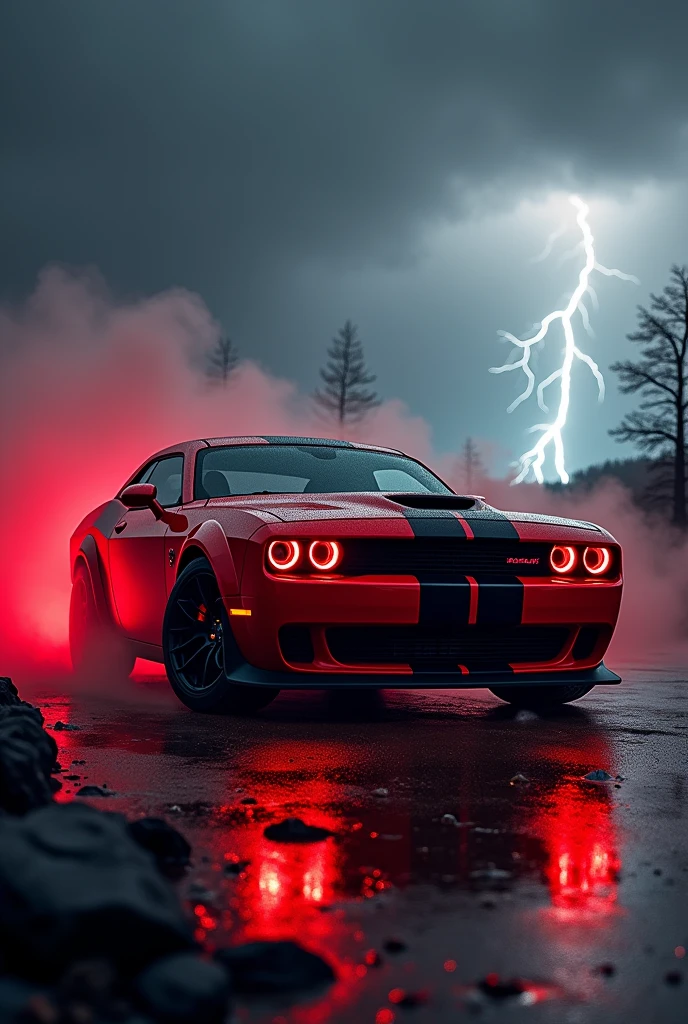Dodge Challenger SRT hellcat red eye in red black colour with red light in the environment of lightning in the sky with dark background and fume