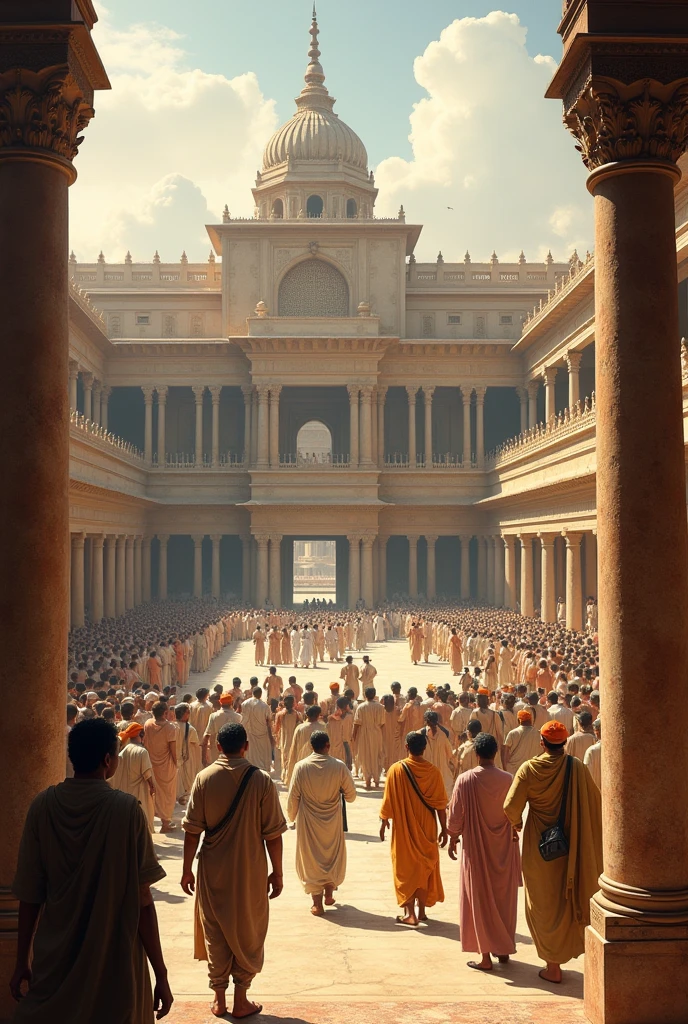 Here’s a detailed image prompt based on the story:
"Depict an ancient scene from the renowned Takshashila University in ancient India, established around the 4th century BCE. The scene should capture the essence of a bustling center of knowledge, with students from various parts of the world engaged in deep discussions and learning across 60+ subjects, including Vedas, mathematics, Ayurveda, martial arts, and political science. The image should show the grand architecture of the university, with scholars like Panini and Chanakya leading intellectual debates in the courtyards. The streets of Takshashila are lively with the exchange of knowledge, and the atmosphere is vibrant with academic activity. The image should reflect the enduring legacy and influence of Takshashila on Indian history and education."
This prompt should capture the essence of the ancient university and its significance.