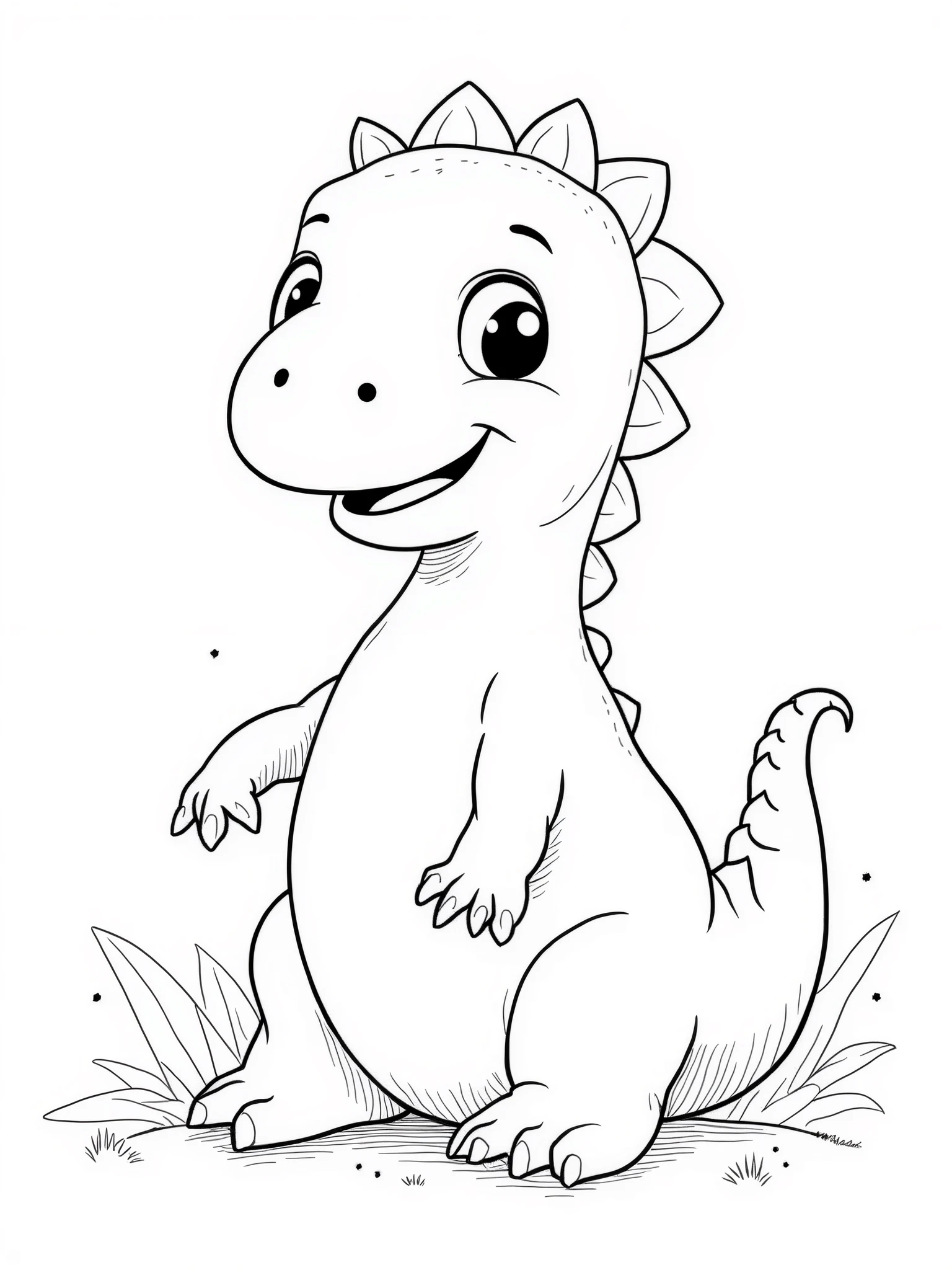 Create a series of portrait-oriented coloring pages in a child-friendly style. The images should feature Baby Dinosaurs, with simple, bold lines and a clean white background. Each page should be designed for young children to color, with large, clear illustrations that fill most of the page. Ensure that the designs are easy to color, with minimal intricate details, to cater to a younger audience.