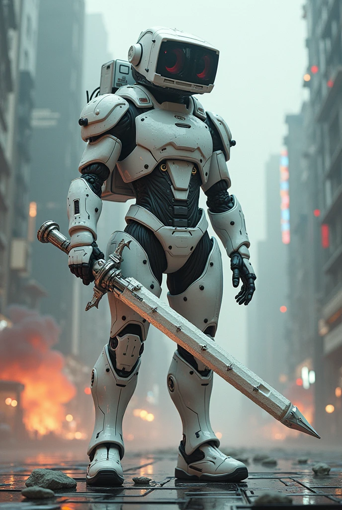 Man wear cyberpunk robocop armor suit white keyboard PC concept. Helmet like PC monitor.. Long mechanize Sword from classic white keyboard. Keyboard pad design as sword. Binoculars eyes.keyboard on chest. . Holding keyboard sword. War background. Bombing effect background. Backpack PC keyboard. Standing on the motherboard green circuit.. city motherboard background.lot of Small virus