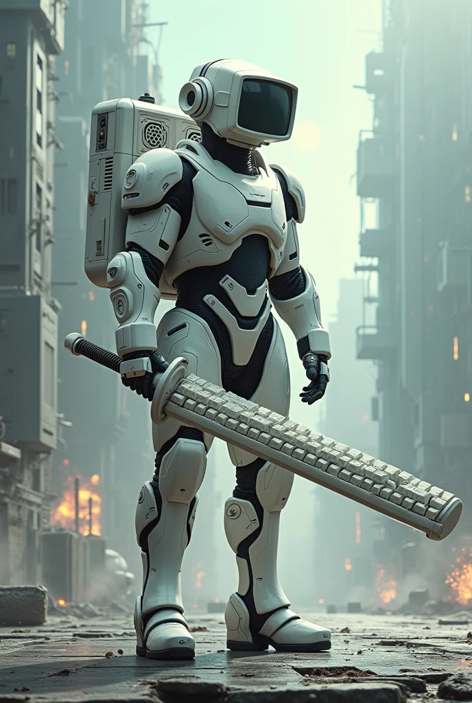 Man wear cyberpunk robocop armor suit white keyboard PC concept. Helmet like PC monitor.. Long mechanize Sword from classic white keyboard. Keyboard pad design as sword. Binoculars eyes.keyboard on chest. . Holding keyboard sword. War background. Bombing effect background. Backpack PC keyboard. Standing on the motherboard green circuit.. city motherboard background.lot of Small virus