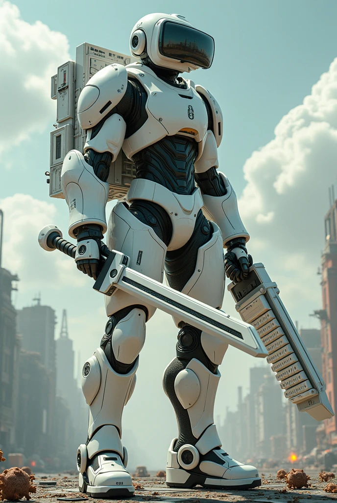 Man wear cyberpunk robocop armor suit white keyboard PC concept. Helmet like PC monitor.. Long mechanize Sword from classic white keyboard. Keyboard pad design as sword. Binoculars eyes.keyboard on chest. . Holding keyboard sword. War background. Bombing effect background. Backpack PC keyboard. Standing on the motherboard green circuit.. city motherboard background.lot of Small virus