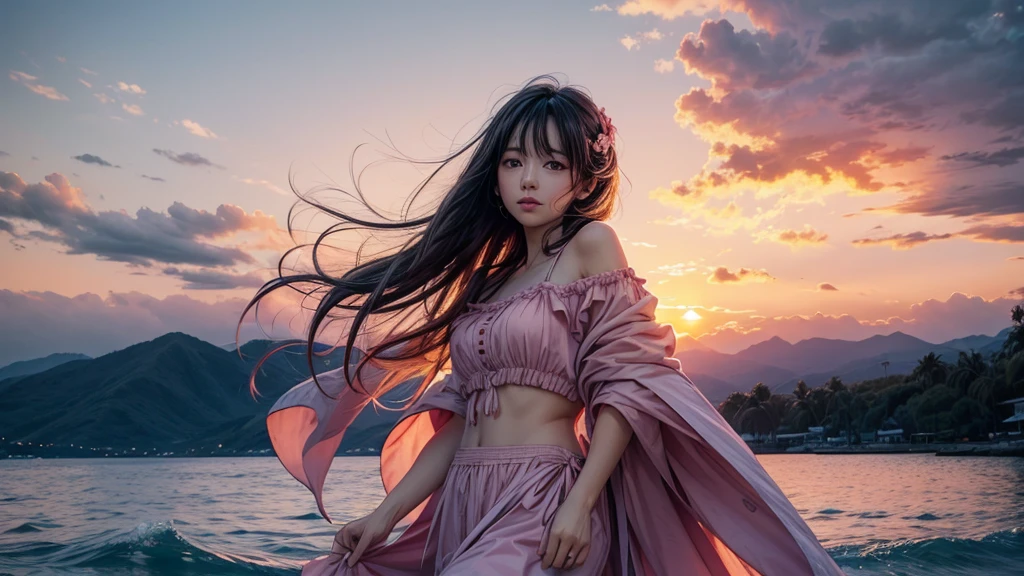 a banner of beautiful pink sunset clouds over water