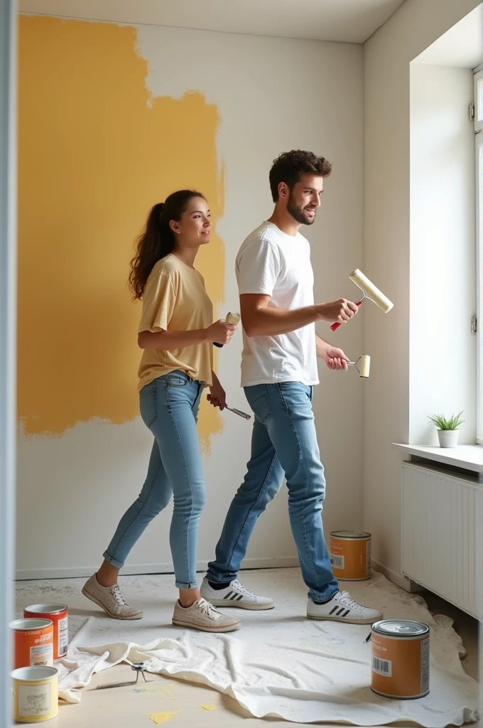 A couple in casual clothes, painting a wall 