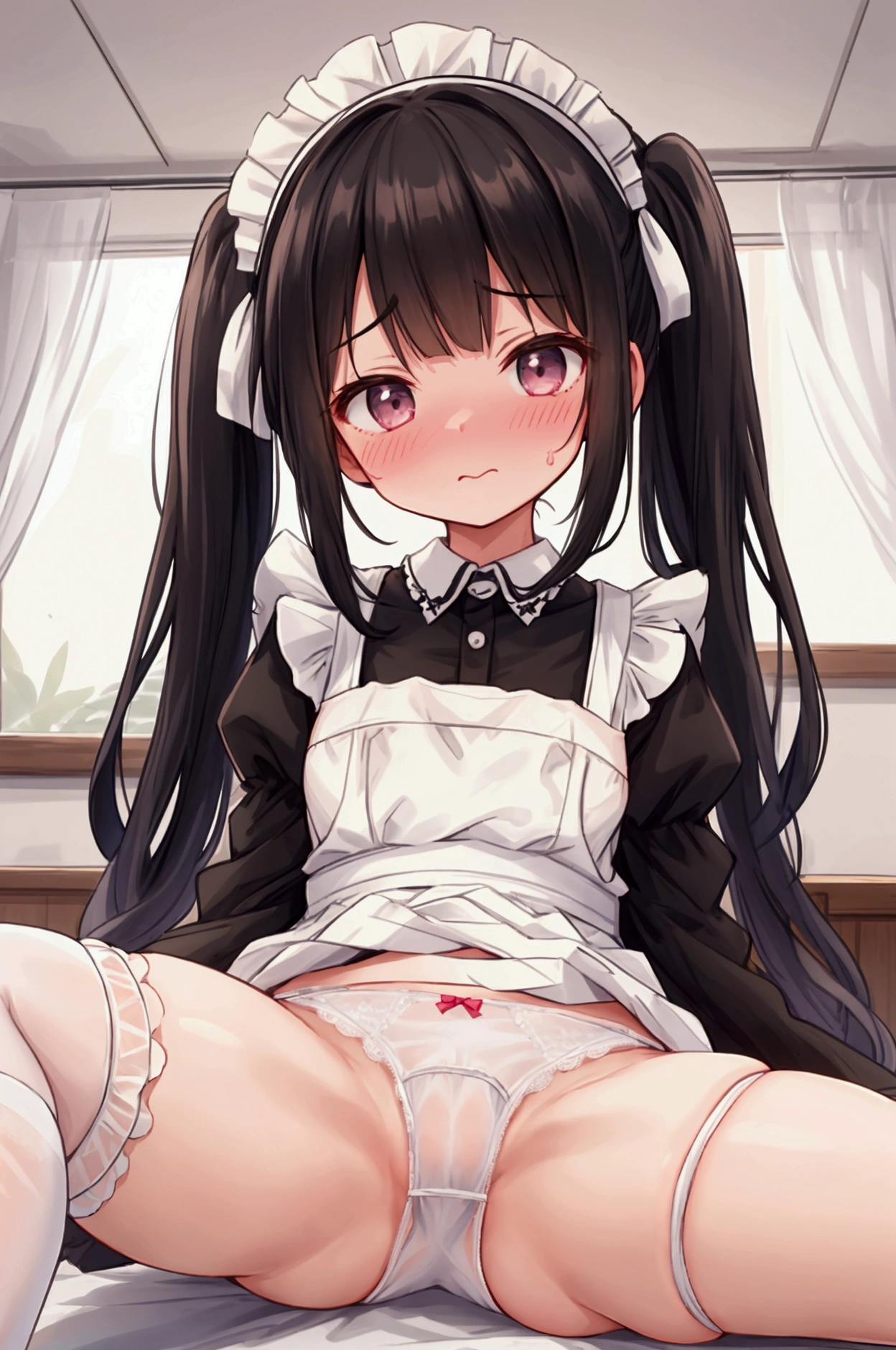 Girl、Black Hair、Pigtails、Embarrassed、blush one's cheeks、Maid clothes、Maid headdress、from the front、Piledriver、legs up、spread legs、White lace panties、Panty stain、The crotch area is damp、indoor