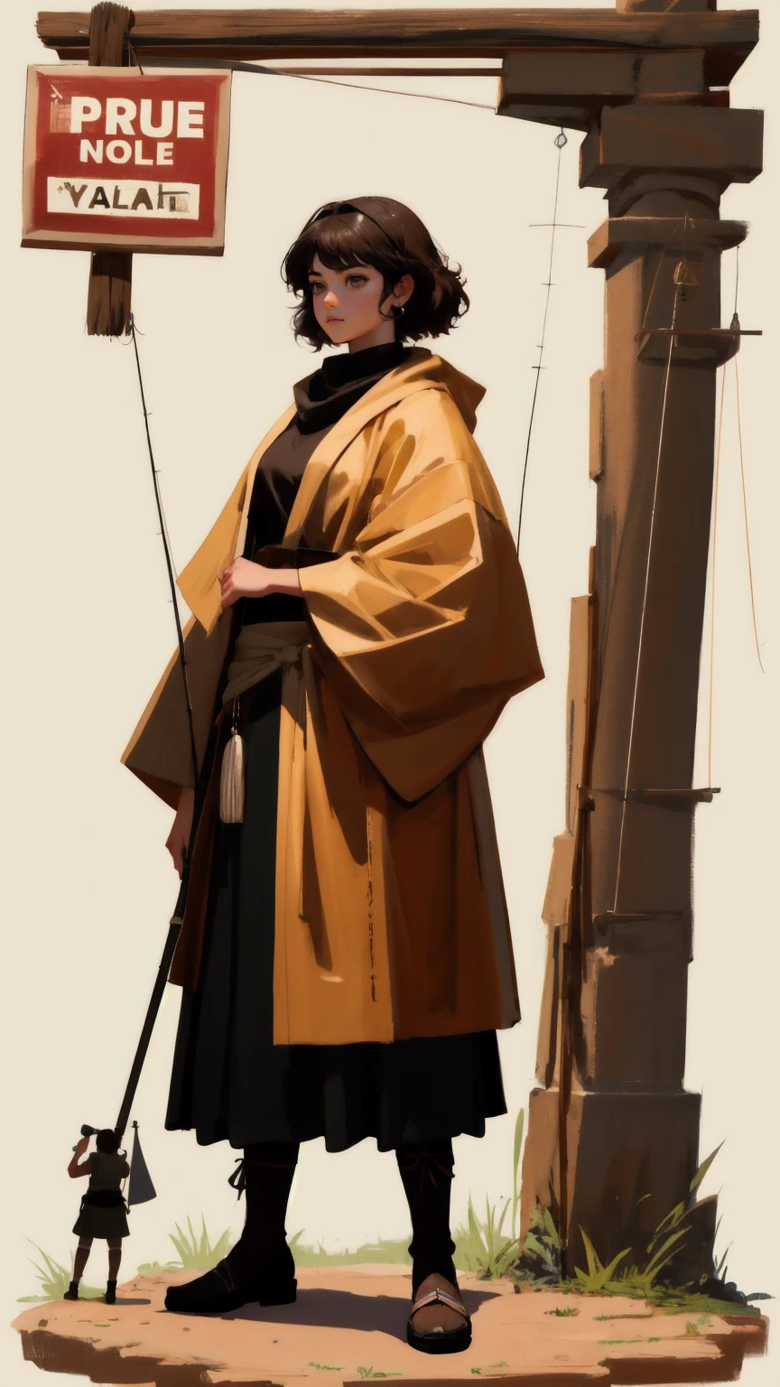Create an image featuring a cute, strong girl character in place of the muscular carpet character, holding a sign that says 'Rug-Pull-Proof.' She is standing next to a large, cracked hole in the ground, with a man dangling precariously over it, holding onto a fishing rod. The entire background should be brown, adding a sense of seriousness and focus to the scene.