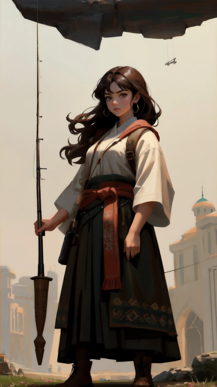 Create an image featuring a cute, strong girl character in place of the muscular carpet character, holding a sign that says 'Rug-Pull-Proof.' She is standing next to a large, cracked hole in the ground, with a man dangling precariously over it, holding onto a fishing rod. The entire background should be brown, adding a sense of seriousness and focus to the scene.