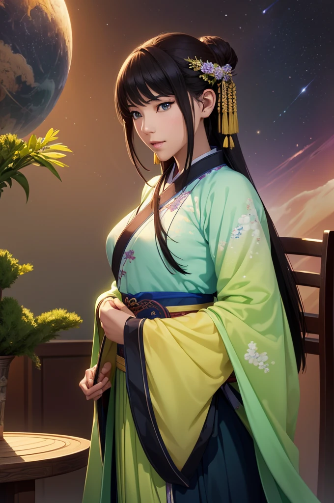 Starry sky landscape、shooting star、war (Highest quality,4K,8k,High resolution,masterpiece:1.2), Very detailed, (Realistic,Realistic,Realistic:1.3), High resolution, Hyper HD, Studio Lighting, Ultra-fine painting, Sharp focus, Physically Based Rendering, Very detailed説明, Professional, Vibrant colors, Bokeh, Sports Late Night, Ancient War Landscapes, Traditional Chinese Painting Techniques, Atmospheric lighting, Vivid color contrast, Ethereal atmosphere,Very detailed目と顔, Beautiful attention to detail, Light on the face,Hanfu 、(Hanfu: 1.1)、、(Green Eyes: 1.1)、Eyes are green、Slim figure、Small breasts、Sexy pose