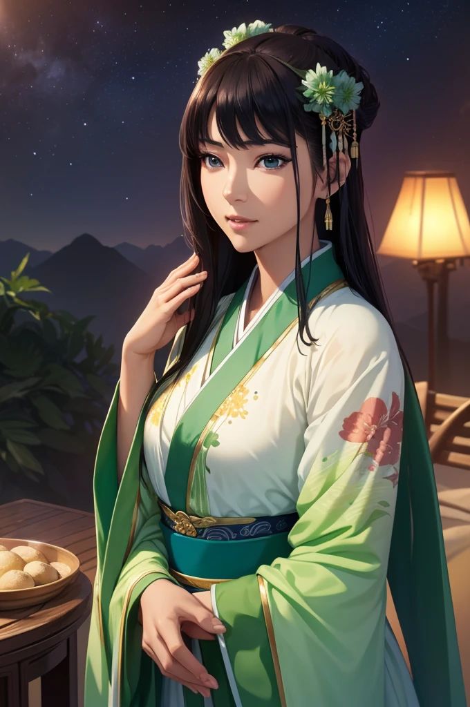 Starry sky landscape、shooting star、war (Highest quality,4K,8k,High resolution,masterpiece:1.2), Very detailed, (Realistic,Realistic,Realistic:1.3), High resolution, Hyper HD, Studio Lighting, Ultra-fine painting, Sharp focus, Physically Based Rendering, Very detailed説明, Professional, Vibrant colors, Bokeh, Sports Late Night, Ancient War Landscapes, Traditional Chinese Painting Techniques, Atmospheric lighting, Vivid color contrast, Ethereal atmosphere,Very detailed目と顔, Beautiful attention to detail, Light on the face,Hanfu 、(Hanfu: 1.1)、、(Green Eyes: 1.1)、Eyes are green、Slim figure、Small breasts、Sexy pose
